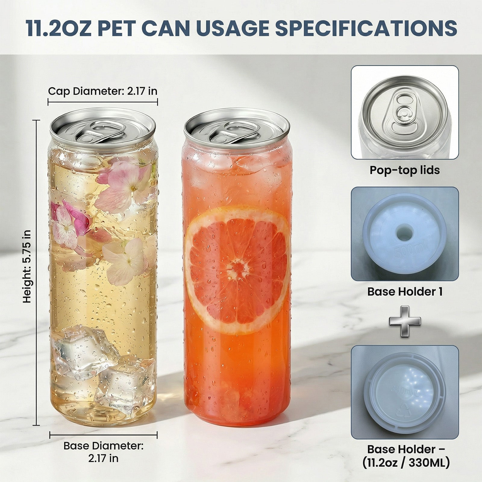 11.2oz (330ml) Slim PET Can Sealer Cups with Pop-Top Lids – 200 Pack.