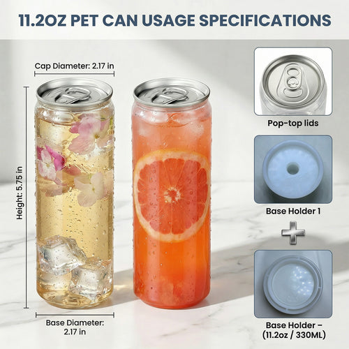 11.2oz (330ml) Slim PET Can Sealer Cups with Pop-Top Lids – 200 Pack.